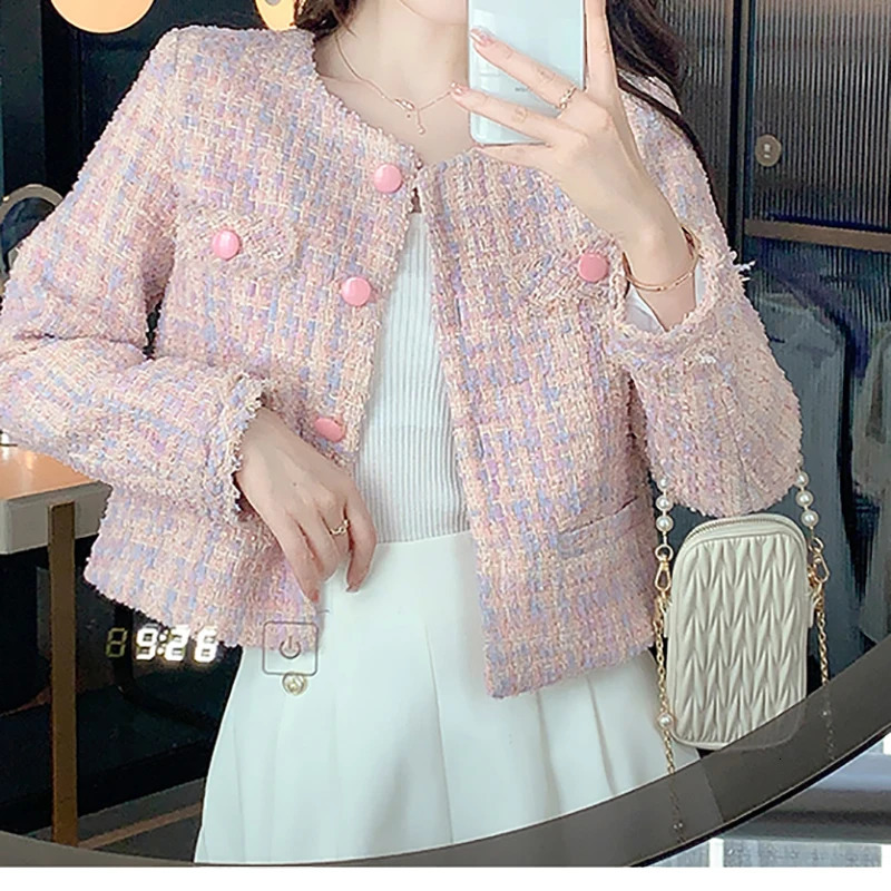 Women Pink Tweed Jacket Elegant Buttons Up Cardigan Coat Female Long Sleeve Tassel Office Outerwear Autumn Winter Chic Overcoat 250730