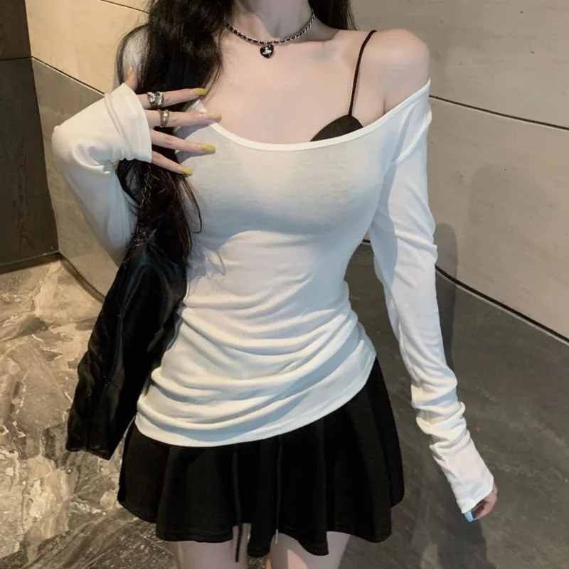 UNeck Long Sleeve TShirt Women Autumn Slim Casual Fashion Top Solid Bottom Shirts Korean Basic Off Shoulder Top 250729