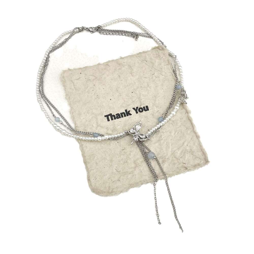 New Zircon Butterfly Pearl Tassel Blue Bead Necklace Light Niche Exquisite Simple High-end Versatile Collarbone Chain 942