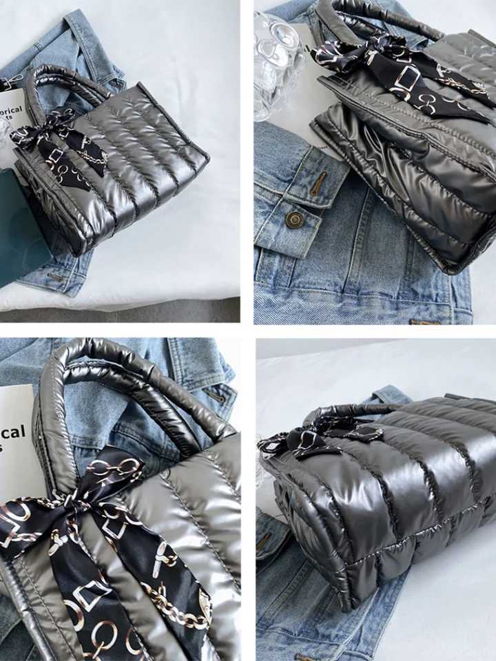 Elegant Wens Totes Bag with Silk Scarf Accent Quilted Crossbody Bags for Wen Casual Solid Color Padded Wens Shoulder Bag Y250730