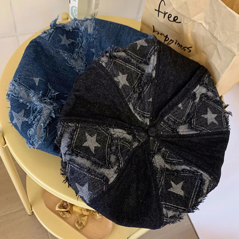 Y2k Rough Edge Star n Denim Berets Caps Showing Face Small Spring and Autumn Ins Korean Niche Retro Womens Hats 250729