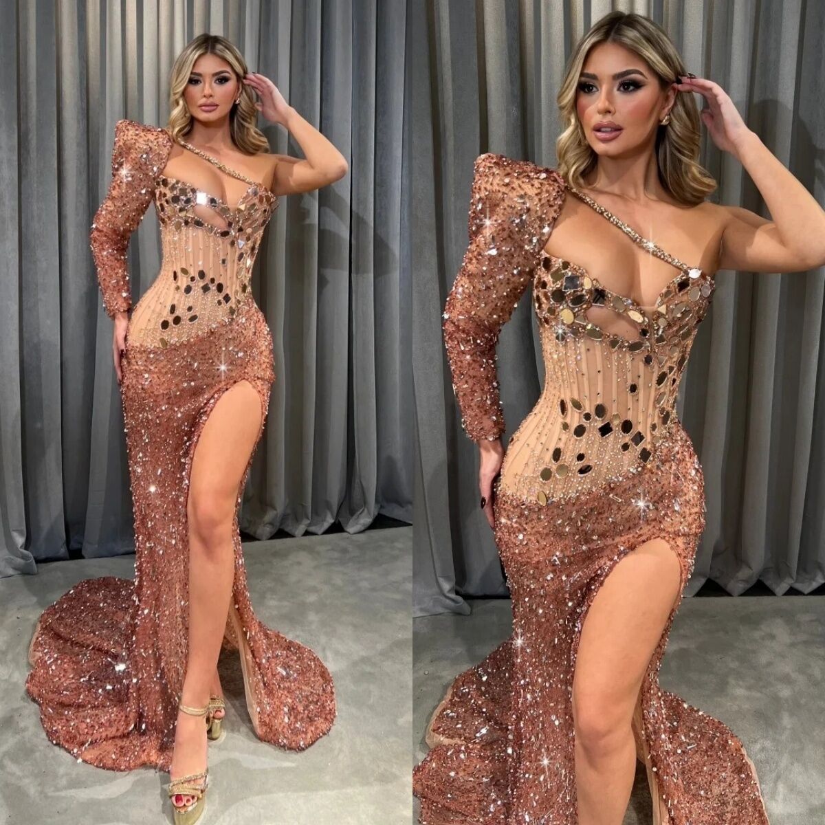 Glitter One Shoulder Evening Dresses Customized Sexy Sequined Beaded Prom Dress Side High Split Party Gown