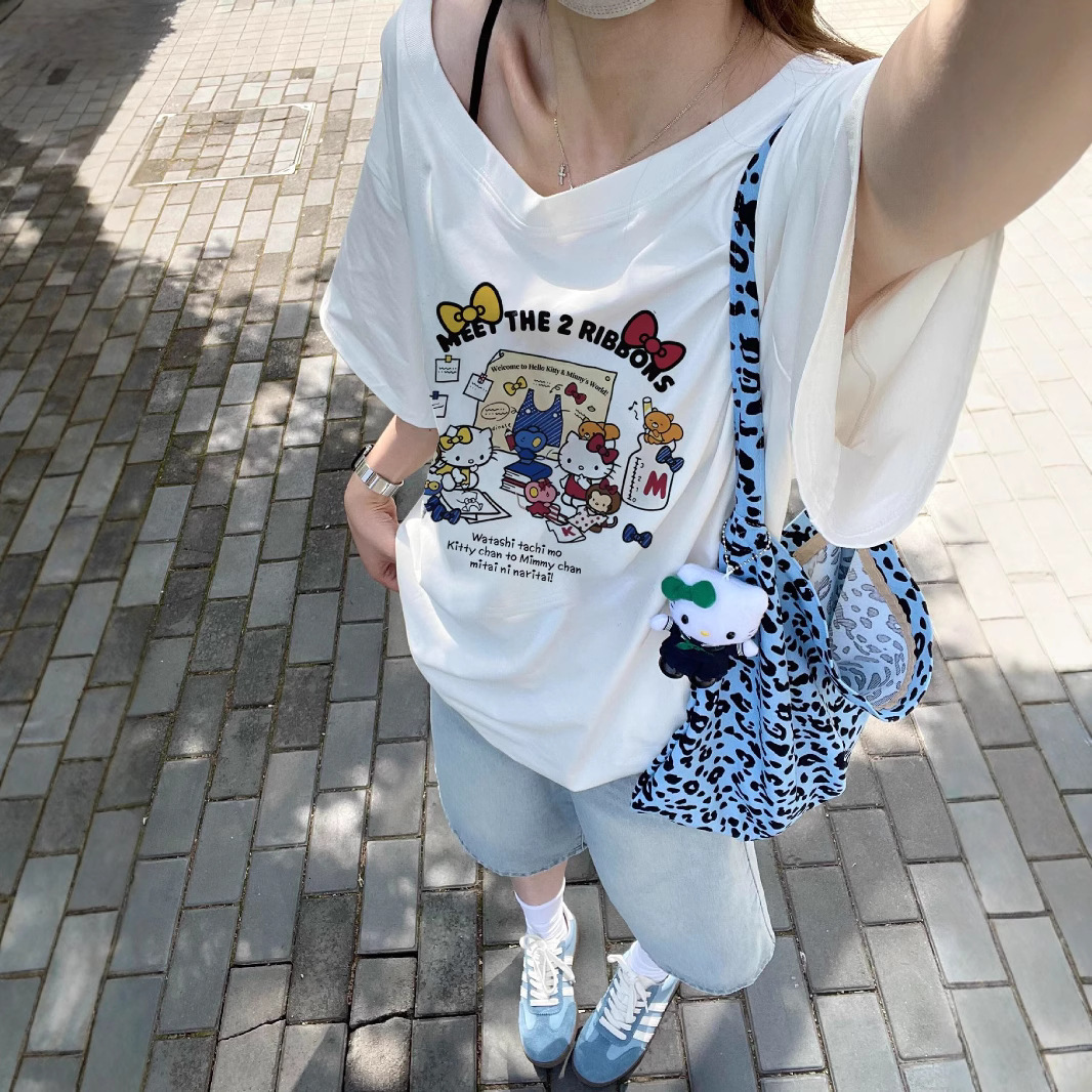 2025 Cotton College Style Off Shoulder Short Sleeve Women's T-shirt Summer New Cartoon Cat Pattern Cute Printed Top New Designer T-shirt