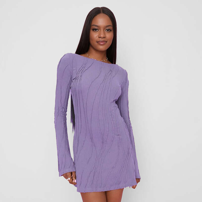 Yds427 Women's Autumn New Solid Color Round Neck Wave Stripe Long Sleeve Bodycon Dress B5