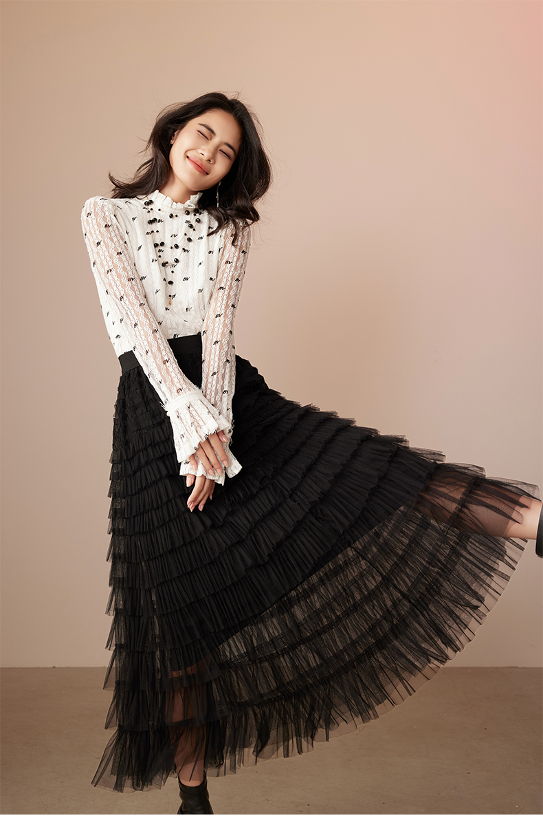 Women's Black Long Maxi Tulle Skirts A Line Ruffle High Waisted Tiered Layered Mesh Tutu Skirt 6111611