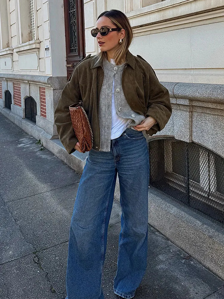 Vintage Suede Lapel Zipper Short Jacket Women Casual Loose Solid Waist-cinching Jackets Female Versatile Fashion Street Outerwear 250725