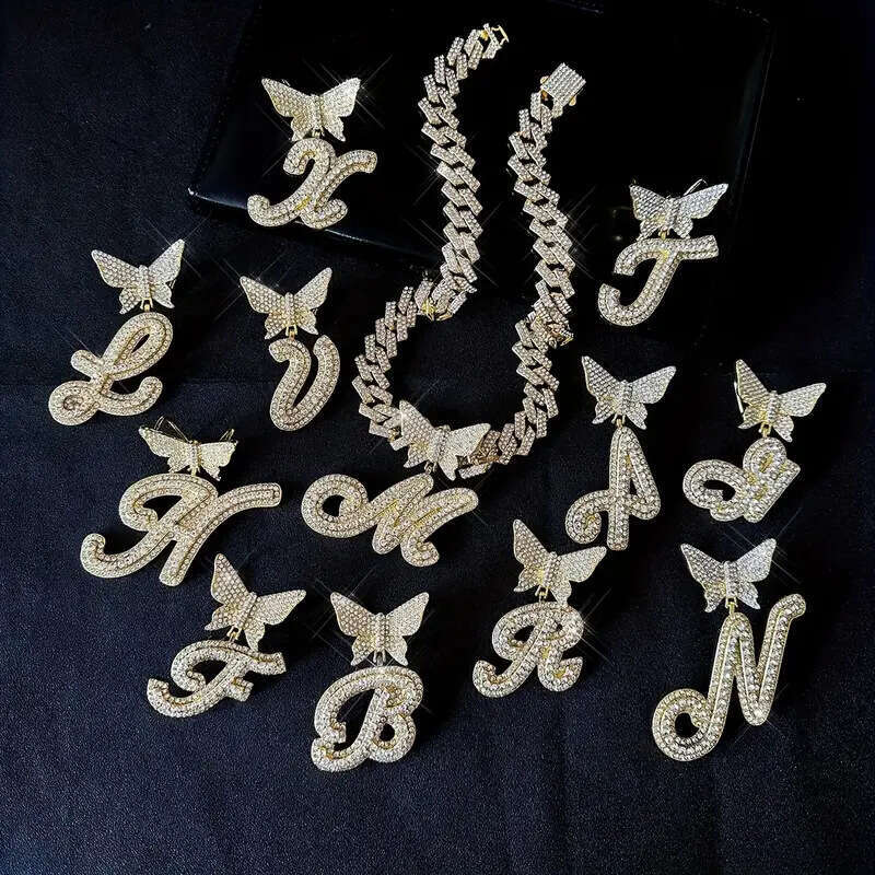26 Alphabet Alloy Rhinestone Necklace Butterfly Clasp Full Dia Hip Hop Pendant
