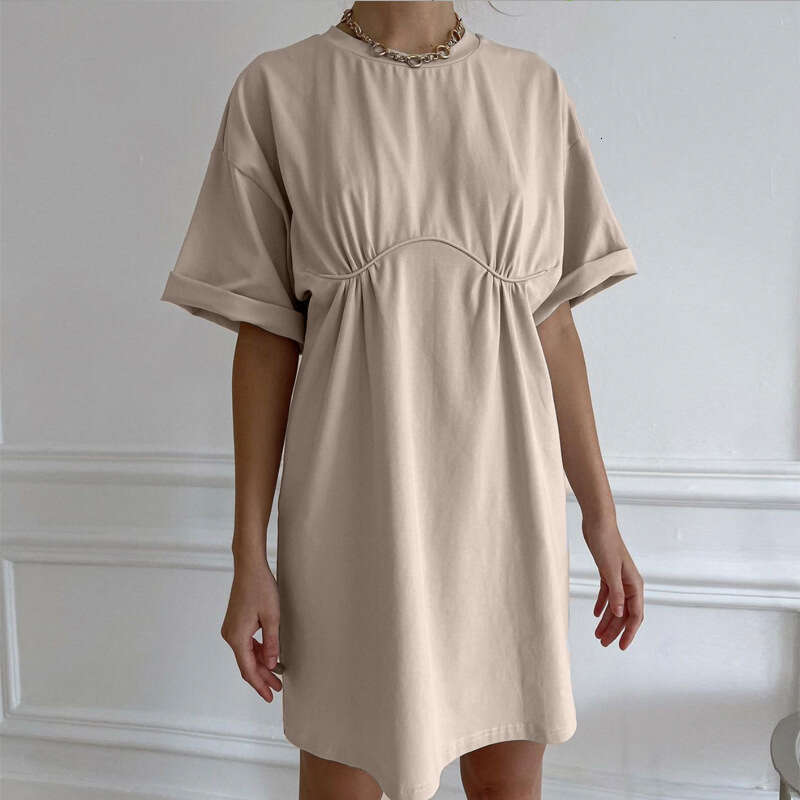Summer New Pure Cotton Style Casual Loose T-Shirt Round Neck A-Line Dress Women's Clothing B5