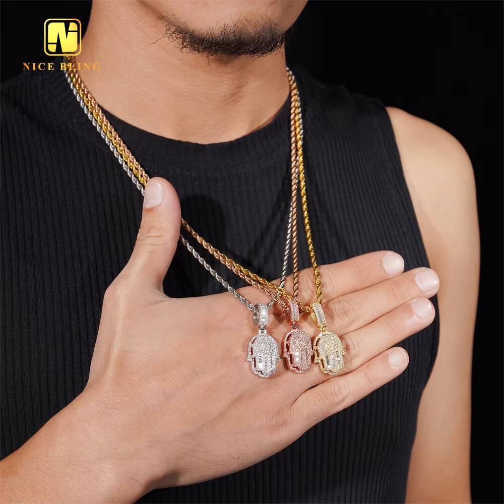 Hip Hop Charm Fashion Jewelry 925 Sterling Silver Egyptian Eye Hamsa Hand baguette Diamond Moissanite Pendant