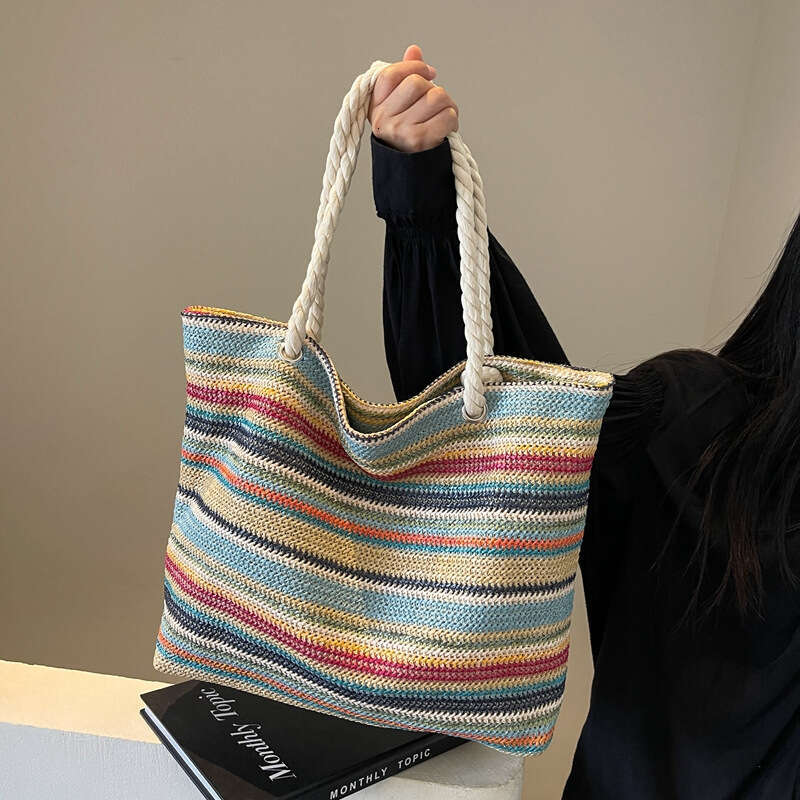 Colorful Striped Woven Vacation Style Straw High-end Fashion Versatile Shoulder New Large Capacity Bag