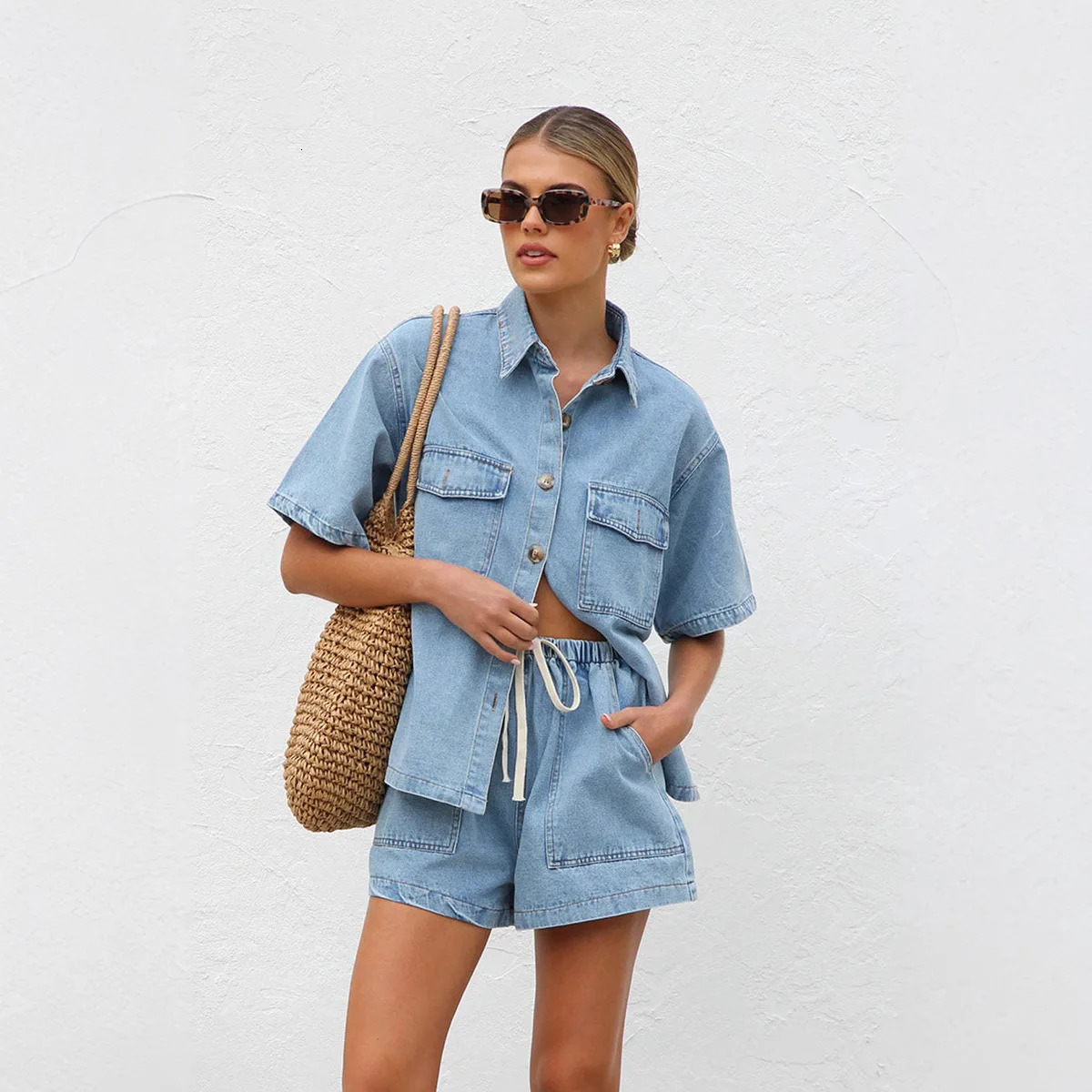 Women Short Pant Set Two Piece Sets Denim Matching Turn Down Collar Shirt Tops Shorts Pants High Waist Casual Y2k Streetwear 250730