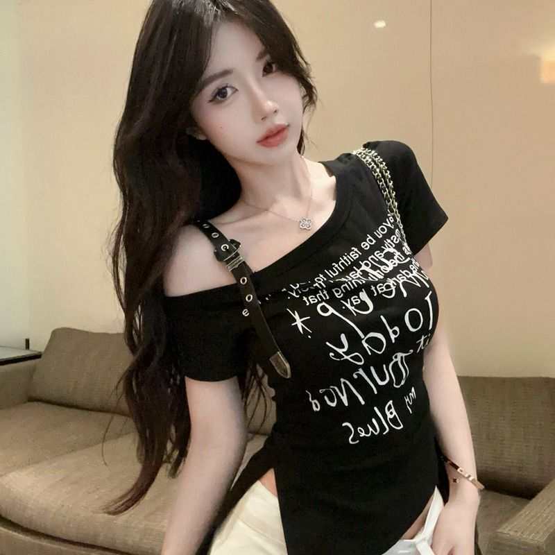 2025 American Printed Shoulder Strap Short Sleeve T-shirt Summer New Style Ruffle Waist Irregular Short Top New Designer T-shirt