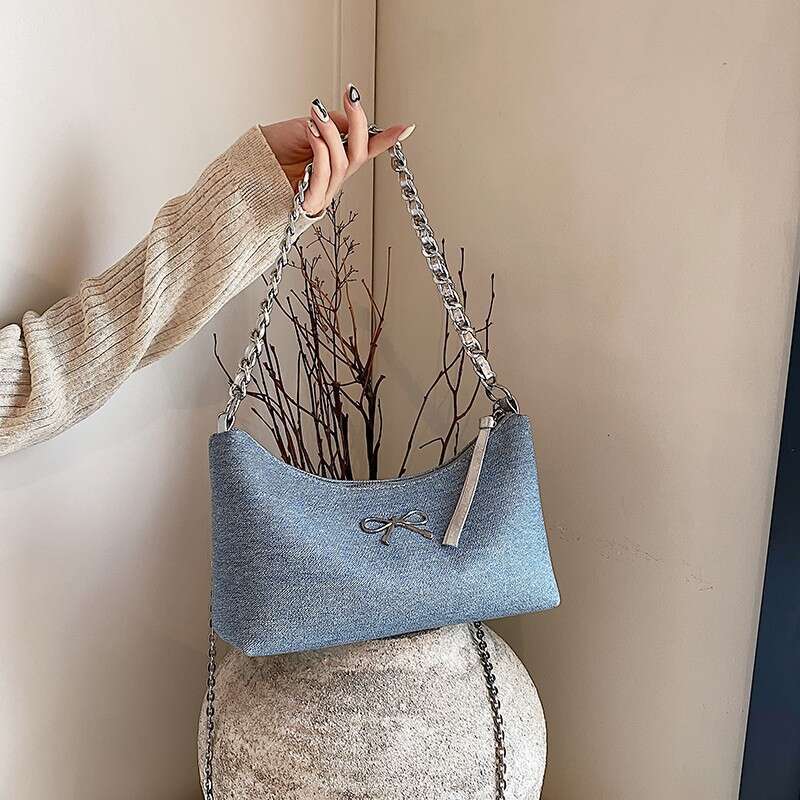 Elegant Bowknot Underarm New Denim Blue Chain Women's Niche Design Single Shoulder Crossbody Bag
