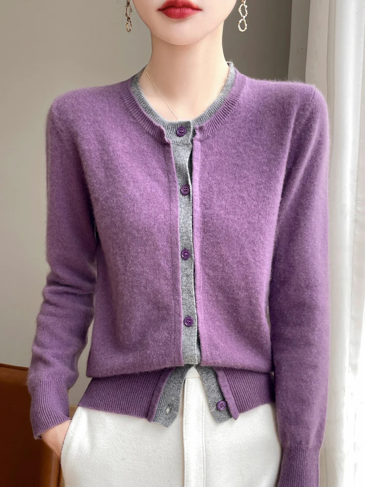 Women Wool Sweater Oneck Long Sleeve Cardigan Autumn Winter 100% Merino Knitwear Cashmere Coat Korean Clothing 250730
