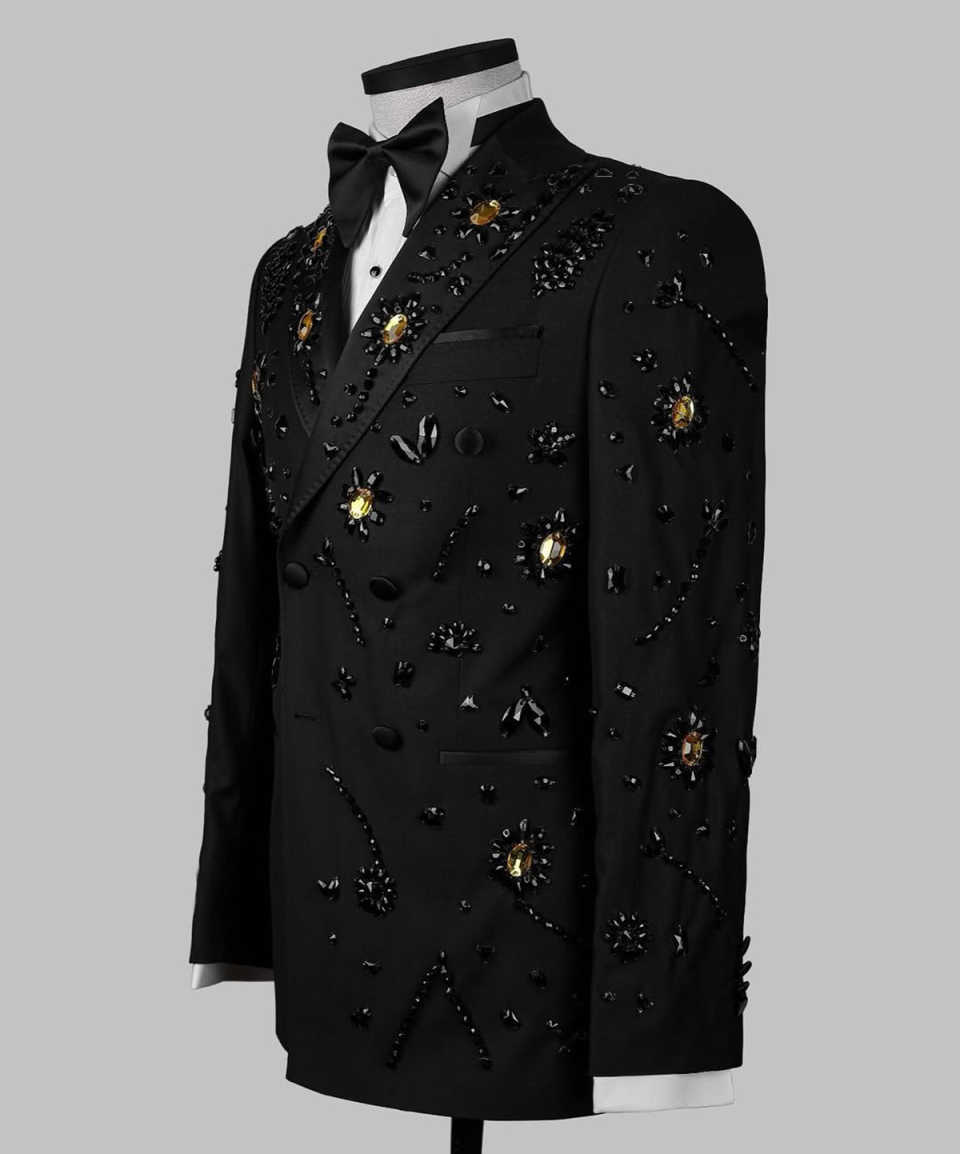 Luxury Jewelry Mens Tuxedos Peaked Lapel Beading 2 Pieces Groom Dinner Party Male Prom Blazers Customized Coustome Homme