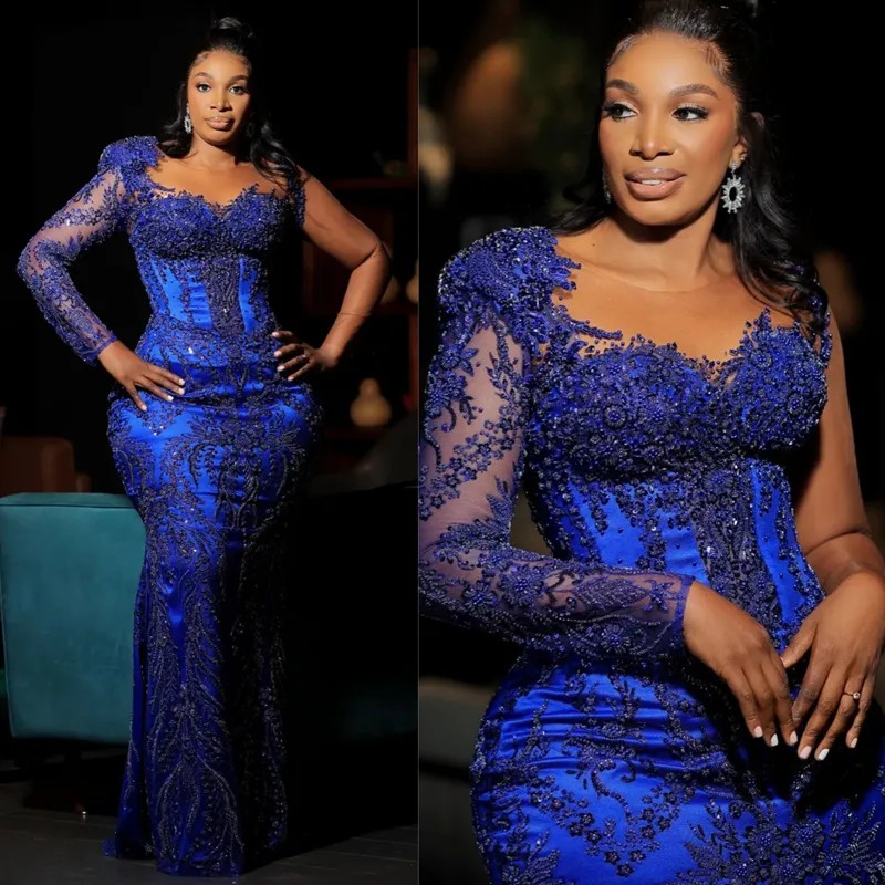 Royal Blue Plus Size Aso Ebi Prom Dresses for Special Ocns Mermaid Illusion Long Sleeves Lace Beaded Promdress Elegant Evening Dress Engagement Gowns