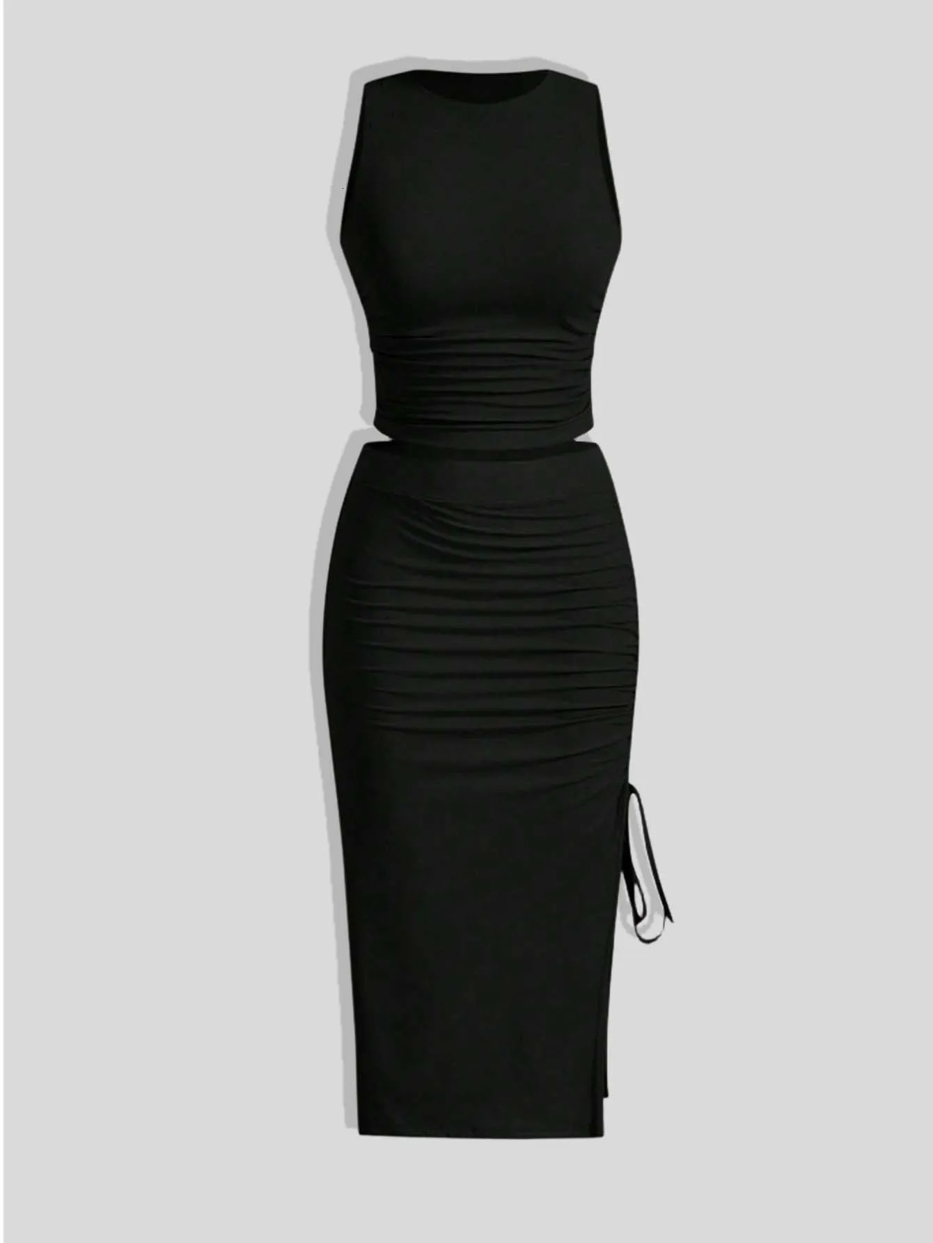 Summer Fashion Womens Casual Solid Color Sleeveless Vest Top Drawstring Skirt 250729