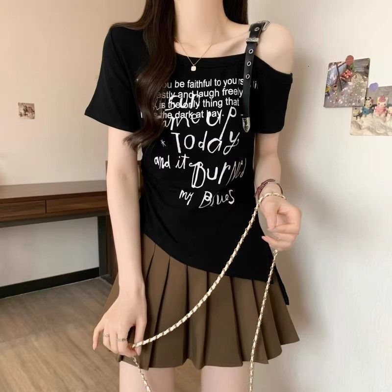 2025 American Printed Shoulder Strap Short Sleeve T-shirt Summer New Style Ruffle Waist Irregular Short Top New Designer T-shirt