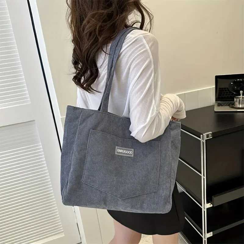 Large Capacity Shoulder Bag Trendy Corduroy Tote Bag Solid Color Ladies Handbag With Front Pocket G250729
