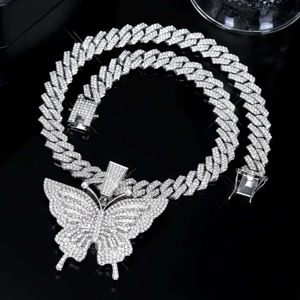 Hot Item Hip-Hop Style Necklace Fashion Alloy Full Dia Unisex Butterfly Pendant Cuban Chain