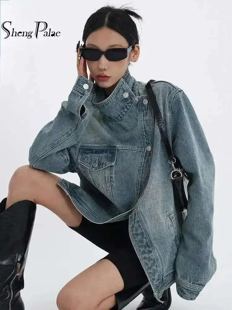 SHENGPALAE Fashion Womens Denim Coat Turtleneck Single Breasted Full Sleeve Patchwork Versatile Jacke Autumn 5R4436 250730