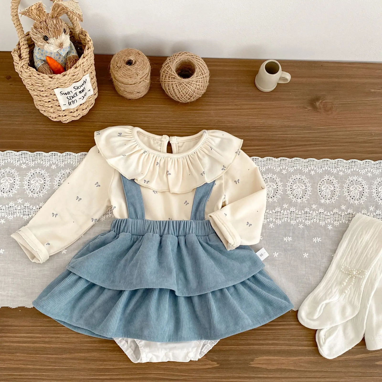 Baby Autumn Set Sweet Bow Long Sleeve Lace Collar Bottom Shirt Strap Skirt Pants Two Piece Set 250729