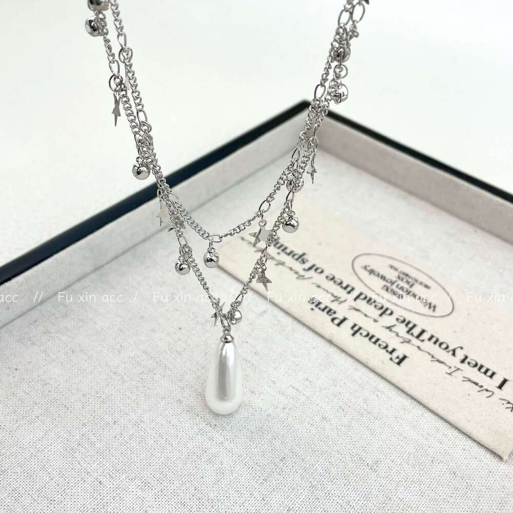 Sier Water Drop Pearl for Women 2024 New Light Niche Clavicle Chain Minimalist Double Layer Star Necklace 3aa