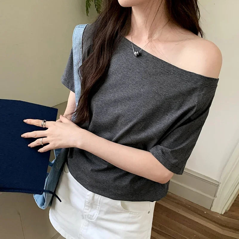 Women Spring Solid Slim Fit Crop Top Sexy Tees Shirts Fashion Skew Collar Offshoulder Longsleeved Tshirts 250729