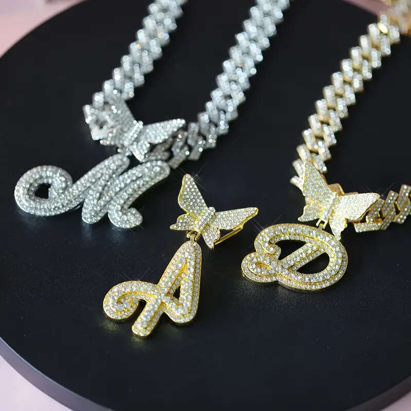 26 Alphabet Alloy Rhinestone Necklace Butterfly Clasp Full Dia Hip Hop Pendant