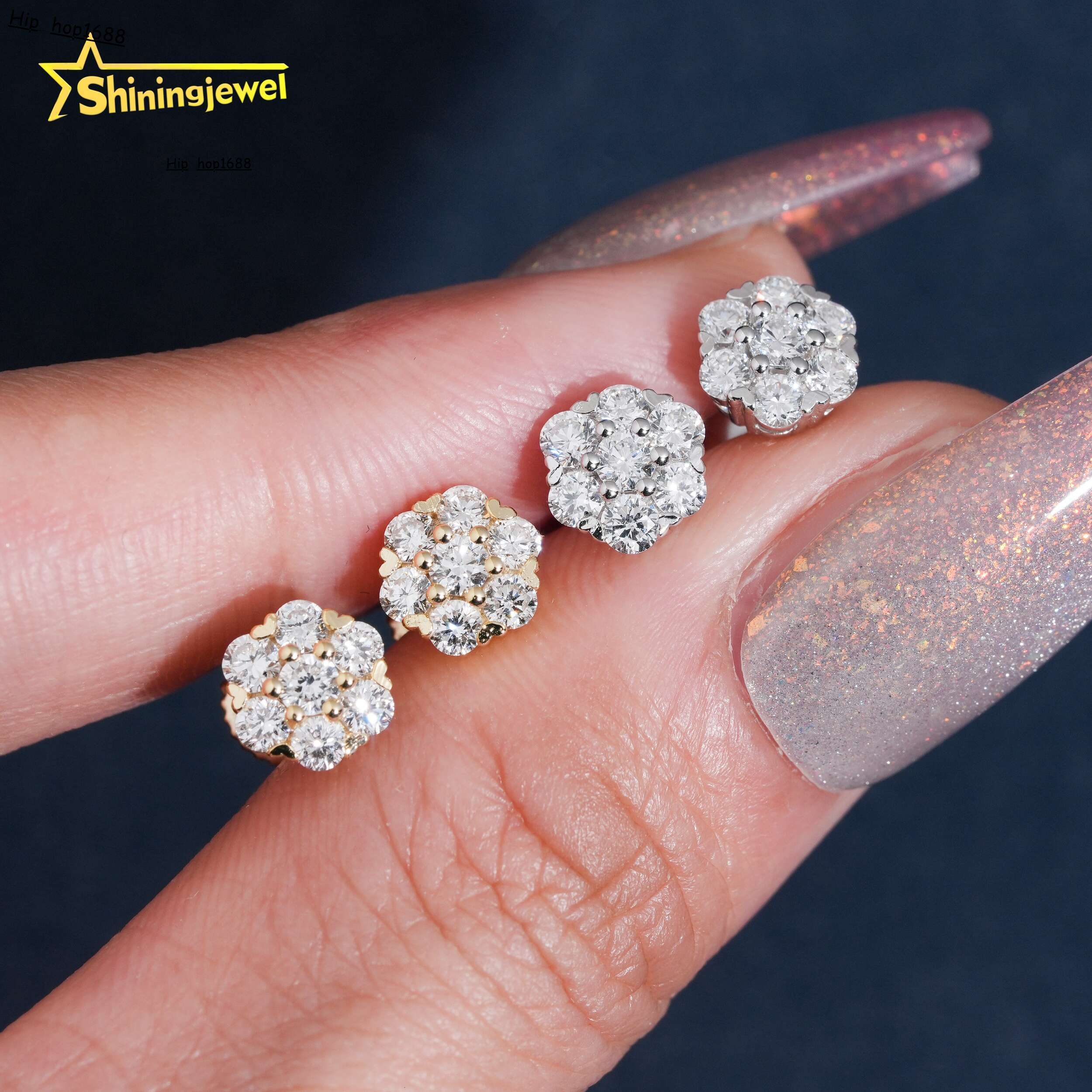 9.5mm Fashion Flower Earrings Cluster Lab Grown Diamond 925 Sterling Silver Iced Out Lab Diamond Screw Back Earrings