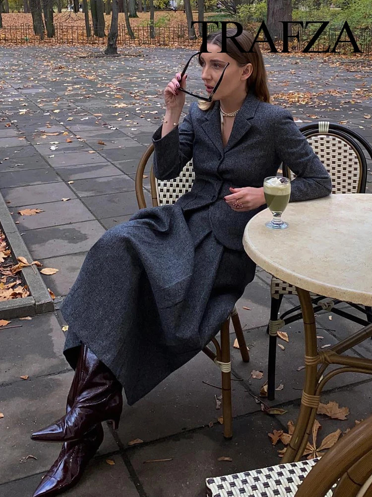 TRAFZA Autumn Suits For Women Fashion Lapel Sheath Single Breasted Blazer Textured Commute Office Lady Womens Skirt 250730