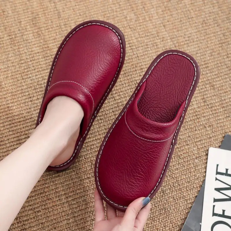 Home Leather Slippers Men and Women Spring Non-slip Waterproof Floor Shoes Anti-odor Soft Sole males Indoor Slides 250725