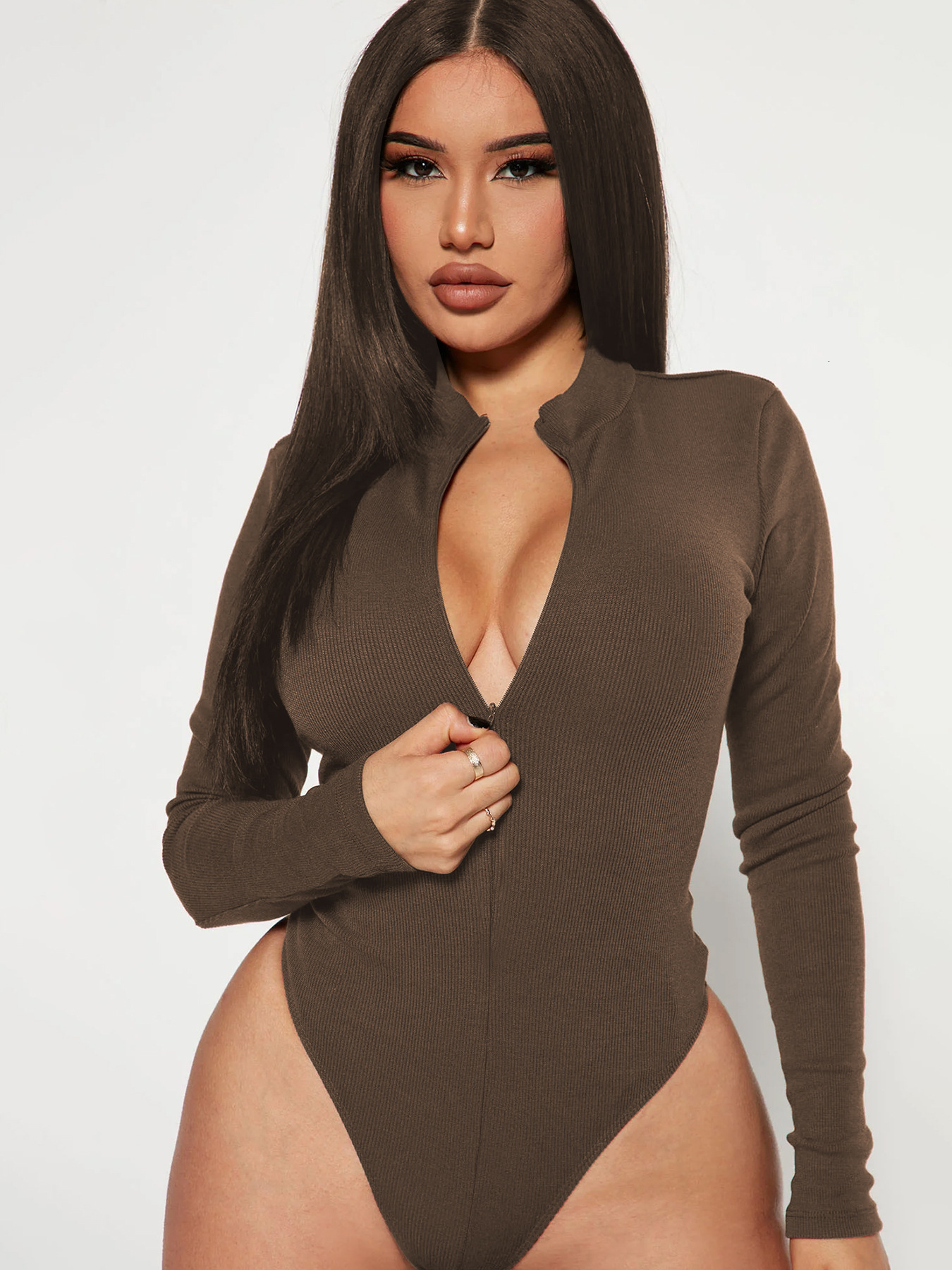 F1712 Autumn Winter New Solid Color Ribbed Long Sleeve Fashion Sexy Tight Bodysuit