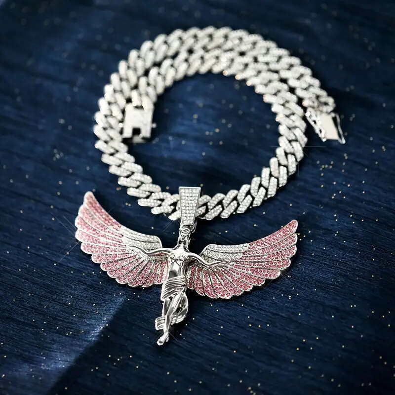 TEMU Zinc Alloy Full Dia Multicolor Goddess Angel Large Pendant Hip Hop Style Exaggerated Cuban Chain Unisex Necklace