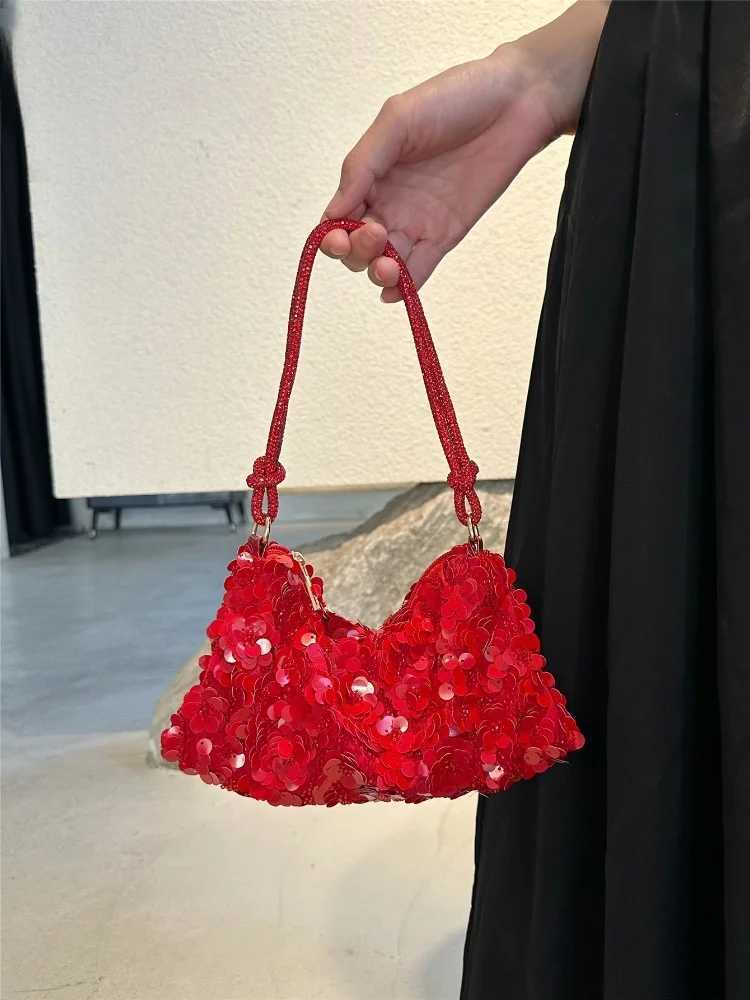 2025 New Designer Mini Shining Sequins Shoulder Bags for Women Fashion Red Flowers Sequins Handbag Versatile Party Purses Y250729
