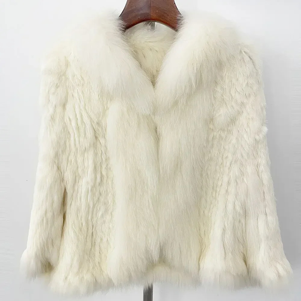 Autumn Winter Knitted Shawl Rabbit Fur Coat Natural Fox Fur Collar Fur Jacket Winter Natural Rabbit Fur Coat 250723