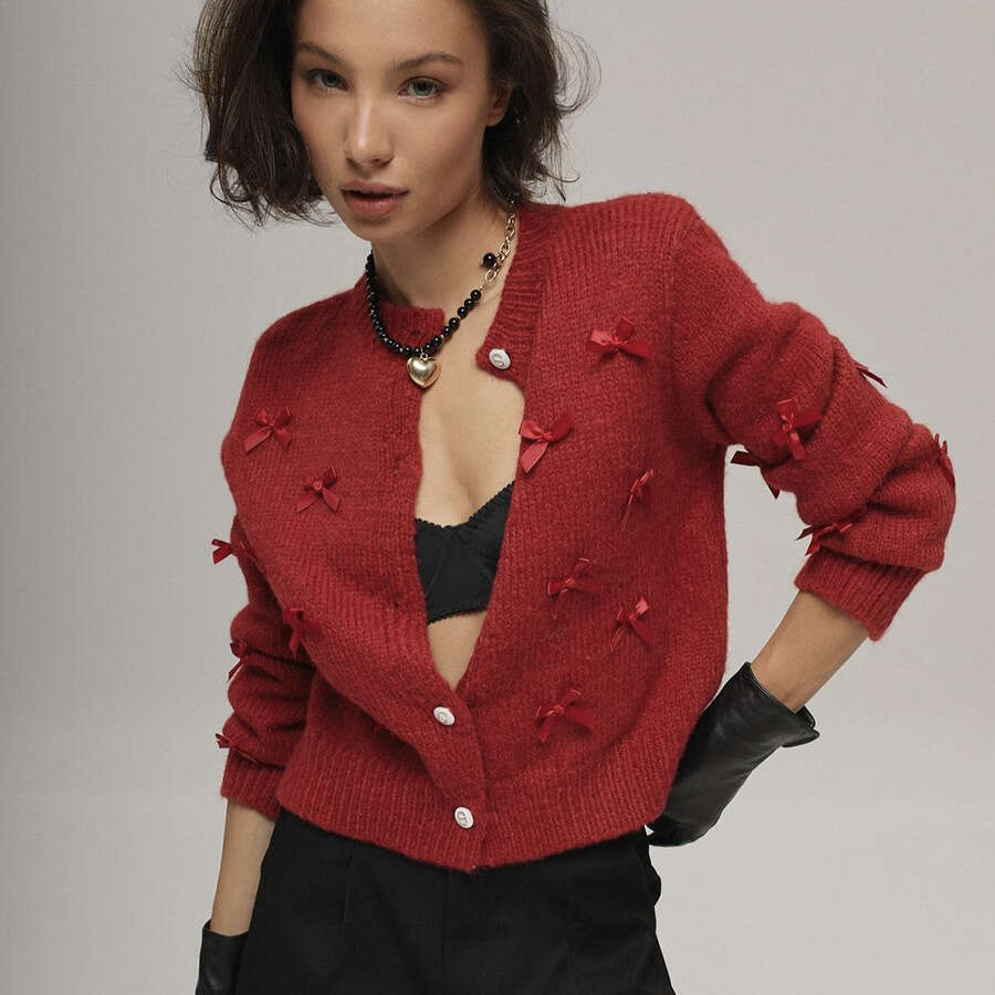 New Heavy Craft Three-Dimensional Bow Atmosphere Sweater For Women Autumn Winter Design Long Sleeve Cardigan Ins B5