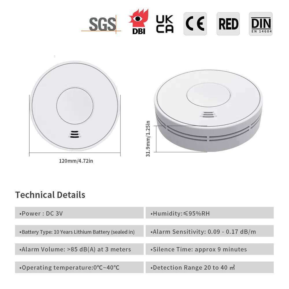 Wireless Interlinked Smoke Alarm V-Come Standalone Alarm with 10-Year Lithium Battery, Photoelectric Alarm, CE, Ukca, DIN En VS01F
