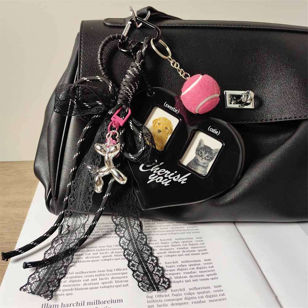 INS Black Heart Card Holder Silver Balloon Dog Keychain Lace Braided Rope Girl Bag Pendant