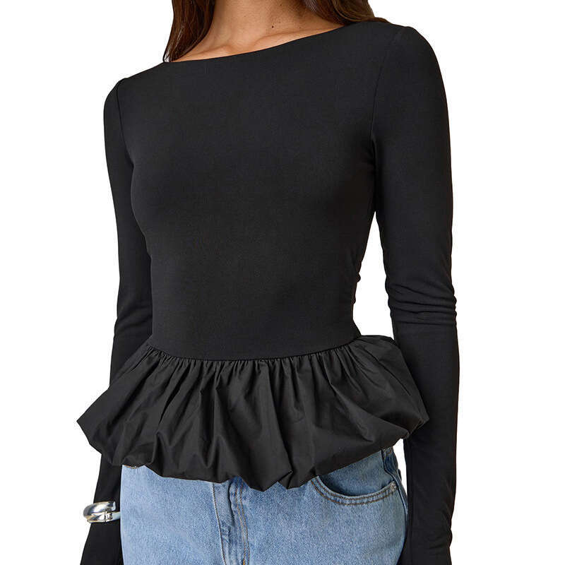 Ytp464 Women's Autumn New Solid Color Round Neck Patchwork Lace Sexy Long Sleeve Top B5