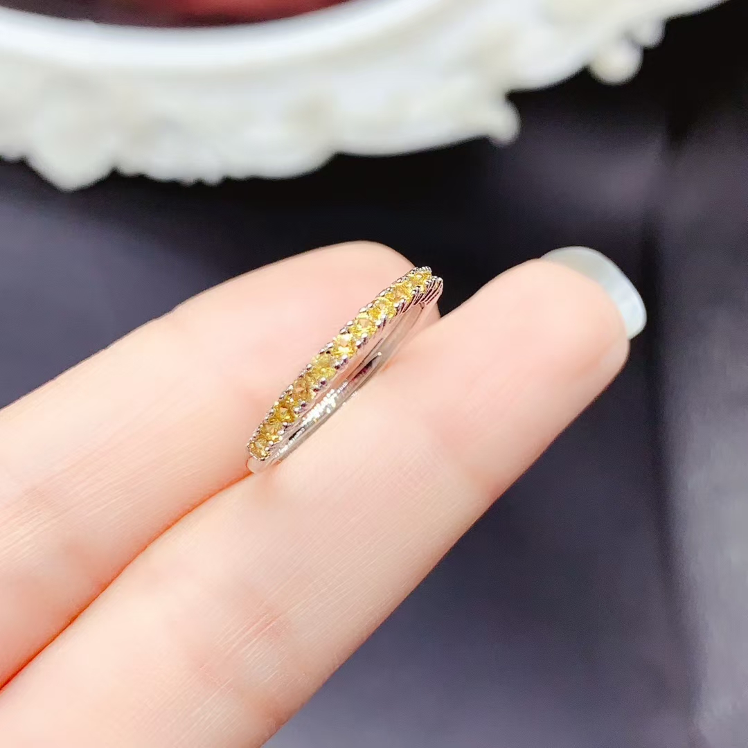 Natural Yellow Sapphire Ring for Daily Wear 13 pieces 2mm genuine Sapphire 925 Silver Ring with 18K Gold Plating gift for women