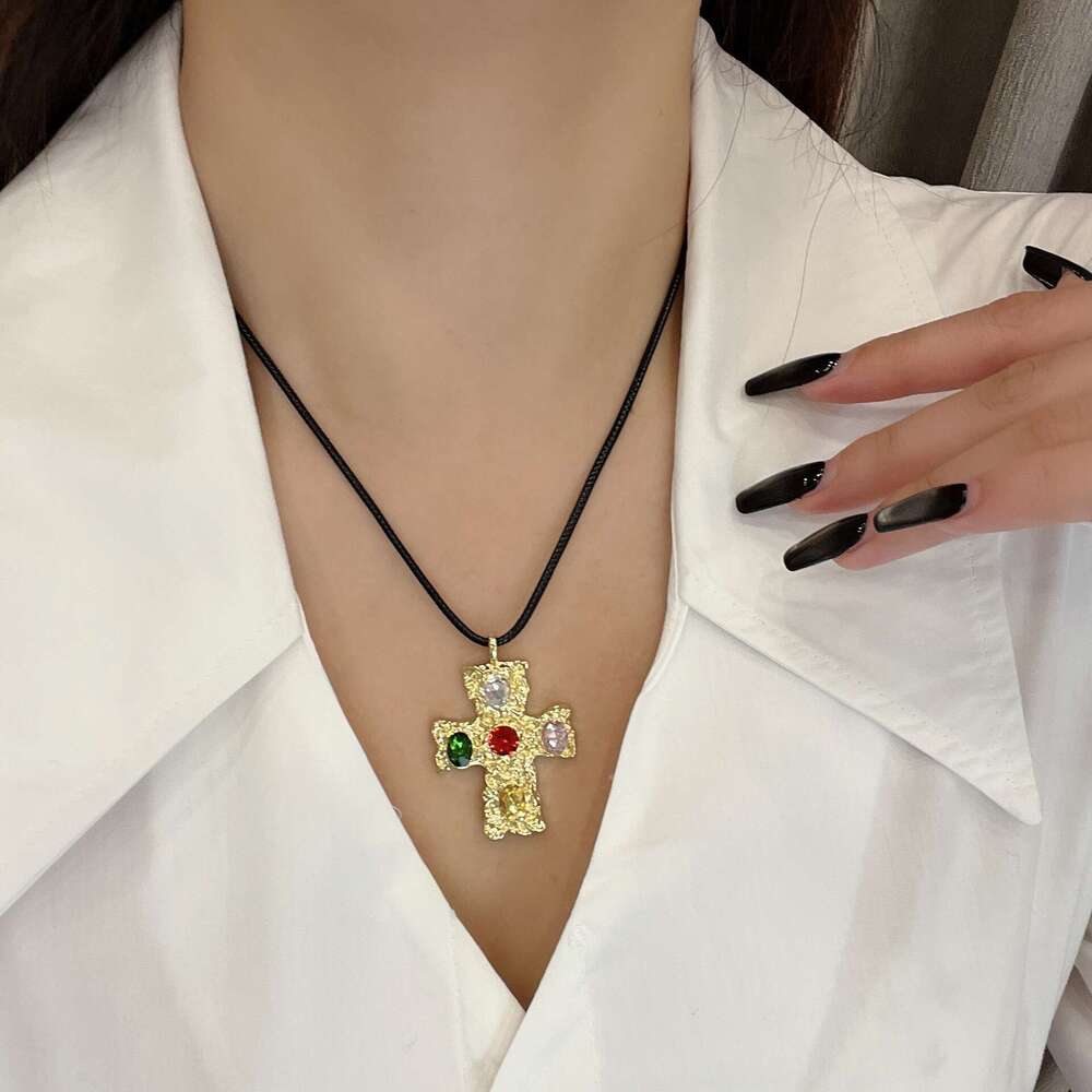Korean Ins Style Cross Black Unisex Leather Cord Y2k Subculture Versatile High-end Necklace d94