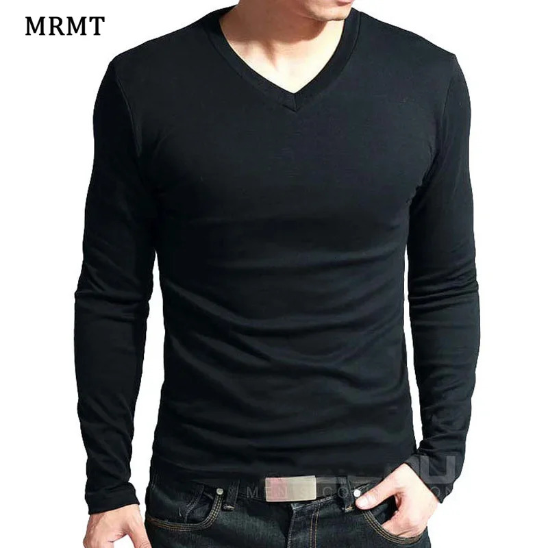 Elastic Mens TShirt VNeck Long Sleeve Men T Shirt For Male TShirts Clothing Solid Color Tops Tees 250729