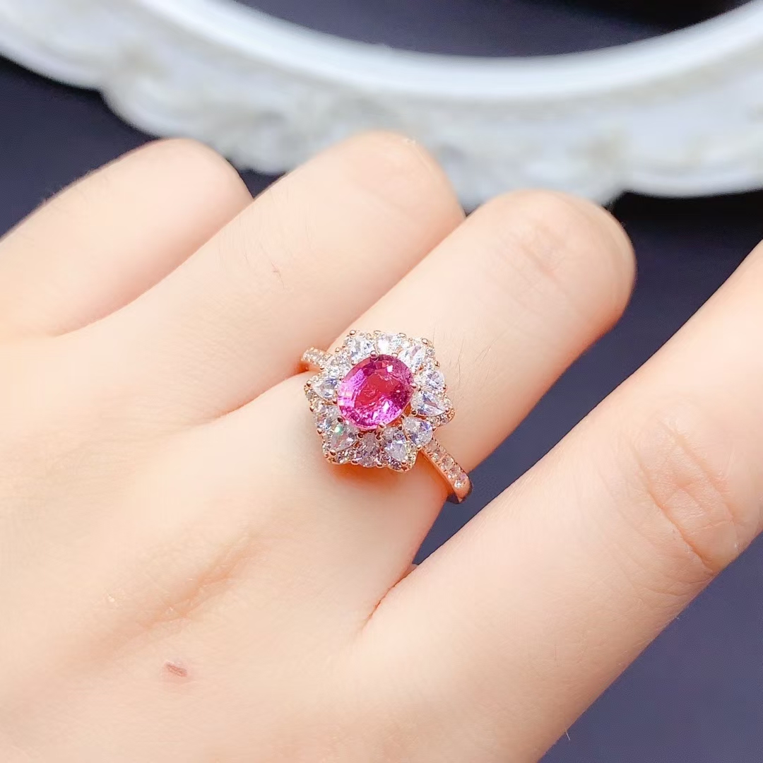 6mm*5mm Natural pink Tourmaline Ring for Engagement real 925 Silver Tourmaline with thick 18K gold plating keep shining