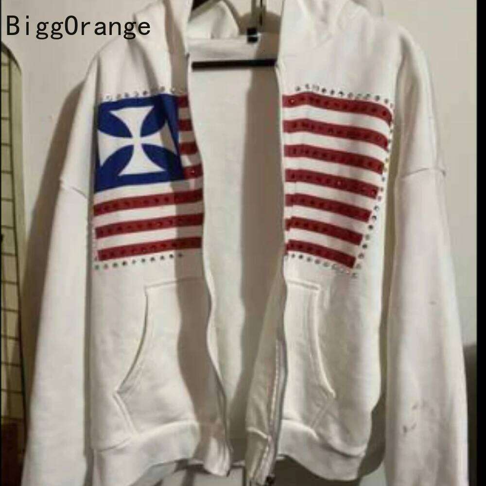 Sweatshirt Coat Rhinestone Embroidered Zipper Hoodie American Fashion Street Clothing Gothic Flag Men And Women Same Sweatshirt