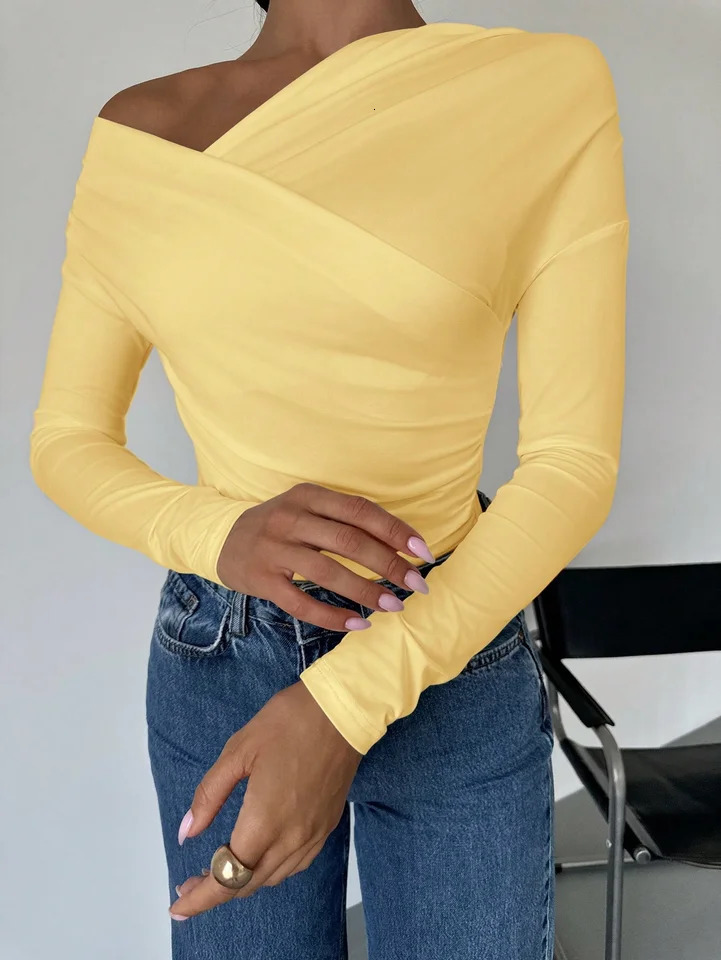 Womens Spring Casual Solid Color Girl Style Offtheshoulder Longsleeved Top 250729