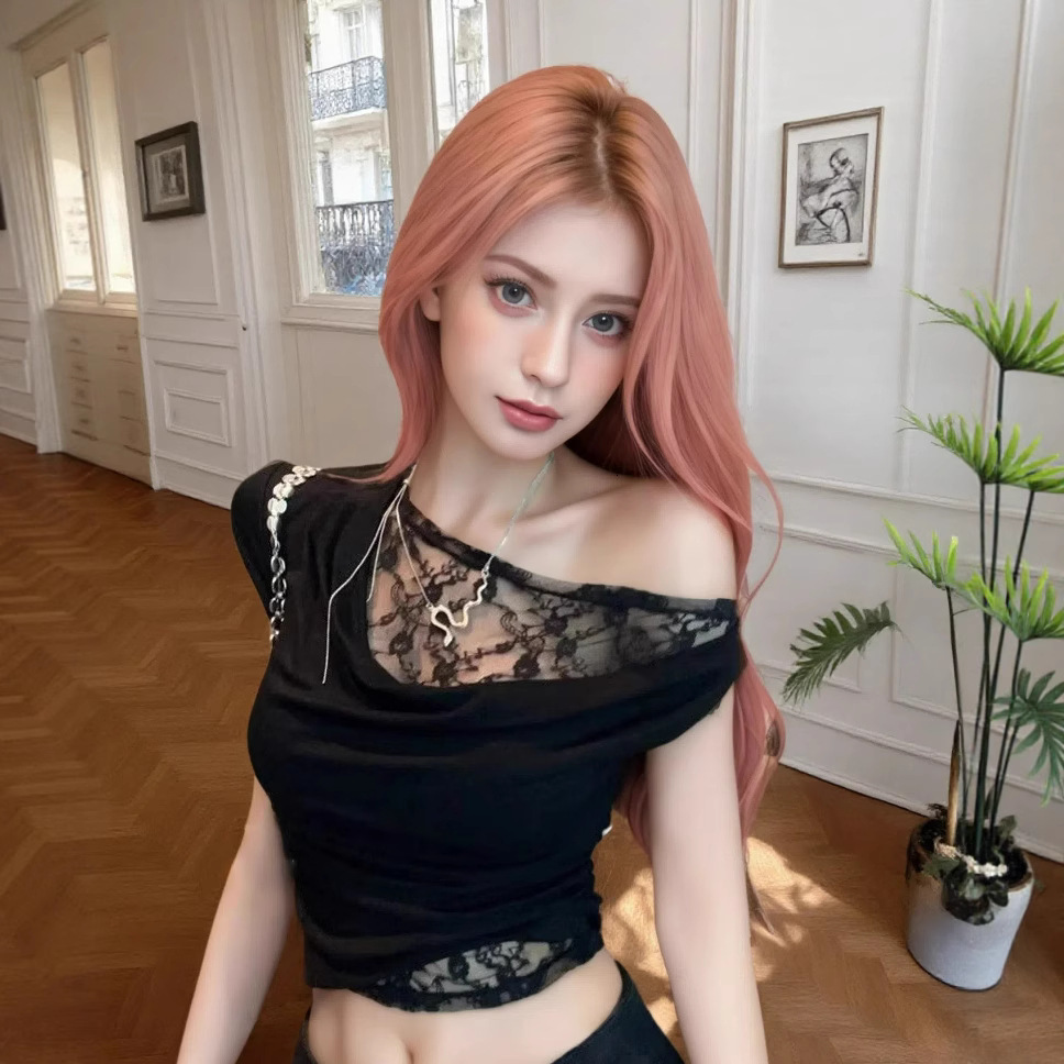 2025 new pure desire style swing collar patch lace short sleeved T-shirt irregular design short top fashionable new designer T-shirt