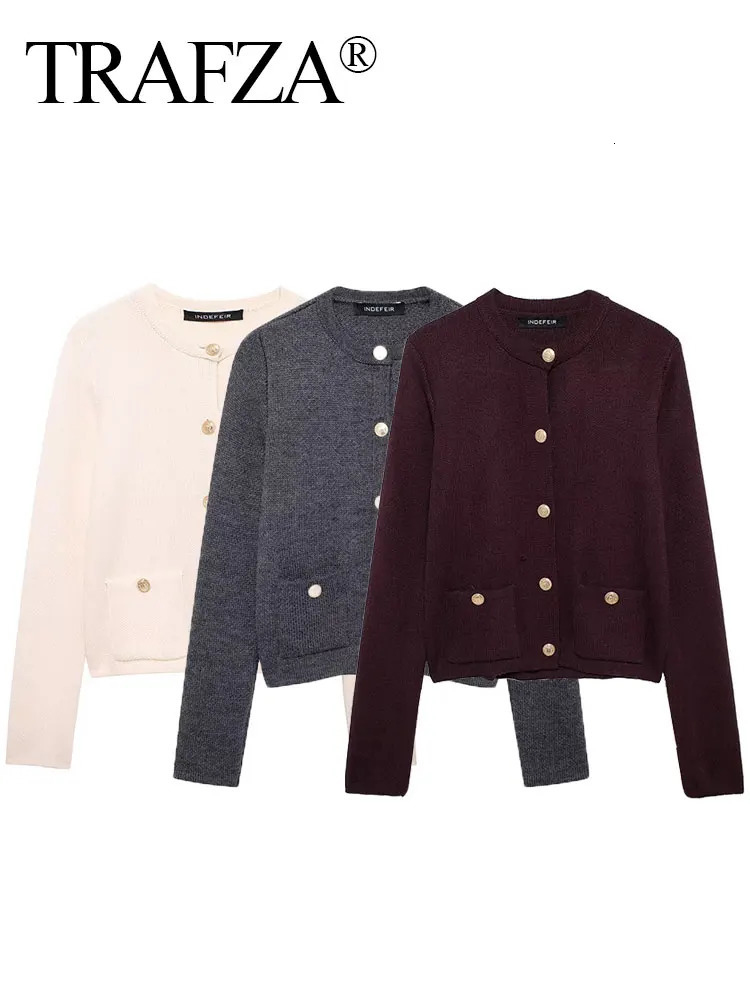 TRAFZA Women Casual Knitted Cropped Cardigan Long Sleeve Single Breasted Cardigans Autumn Pocket Knitwear 250730