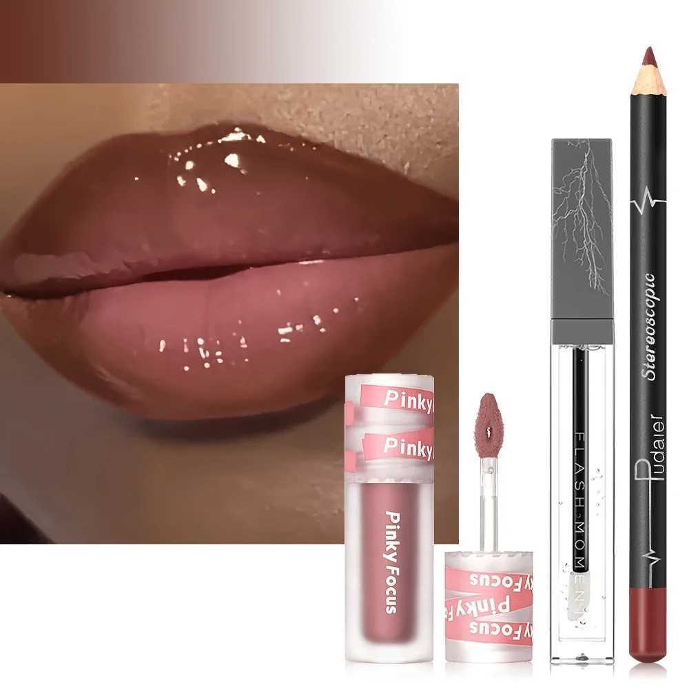 3PCS Shimmer Moisturizing Lip Gloss - Lip Liner and Lip Mud and Oil Non-Sticky Glitter Nourishing Glossy Moisturizing Lipstick G250728