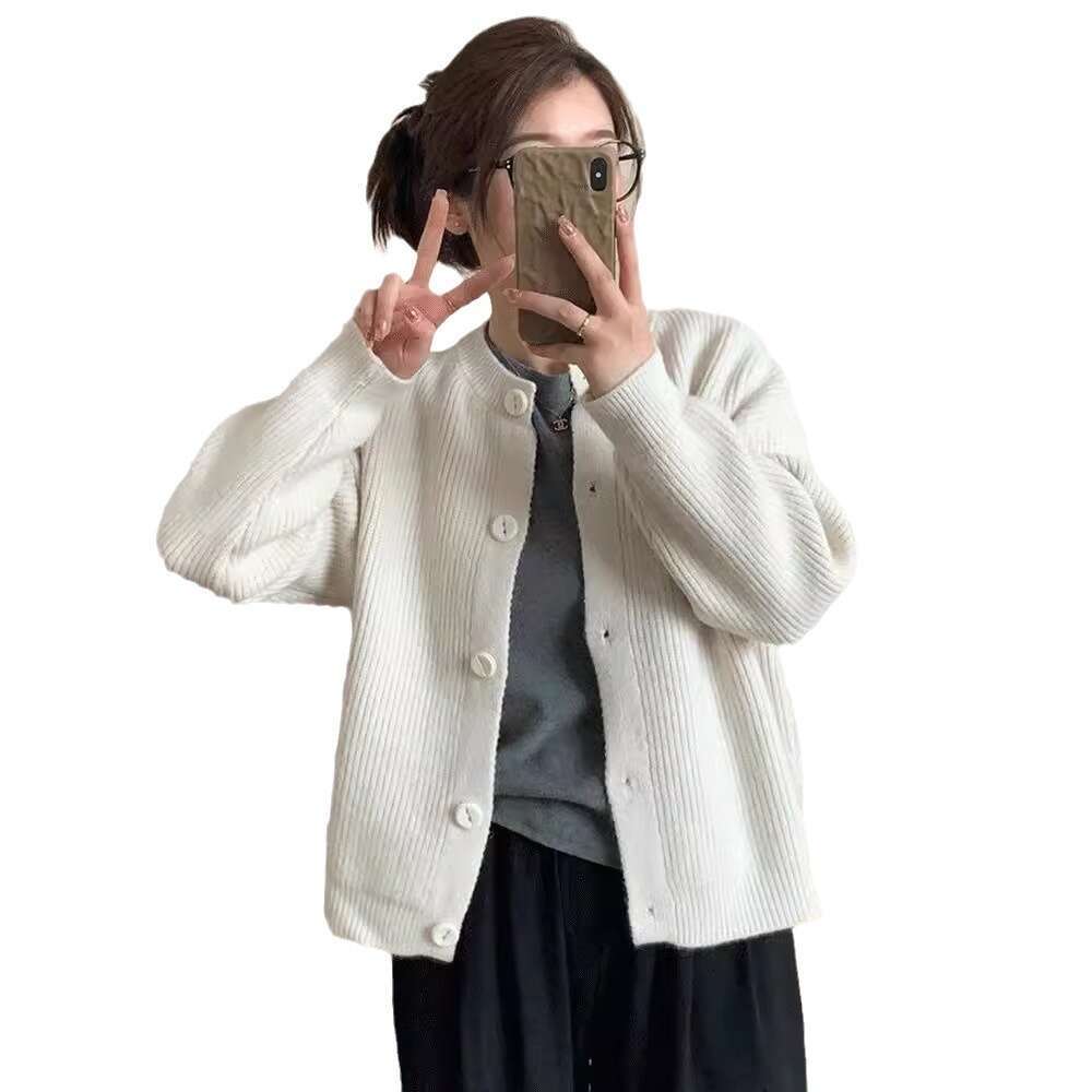 Autumn Winter New Lazy Style Korean Version Cardigan For Women Soft Sheep Wool Ribbed Button Sweater Dark Gray B5